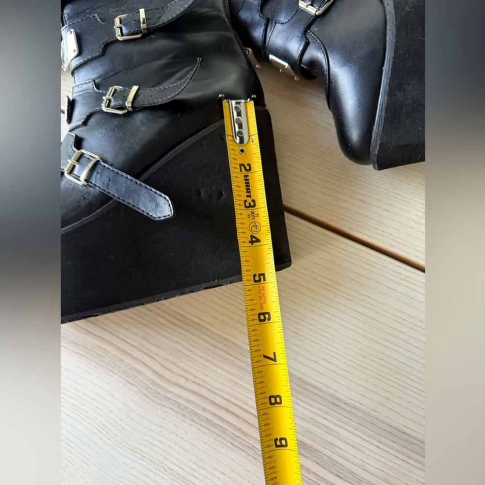 Swing adam knee boots metalic Black Multi-Buckle Platform women mid calf size 9 - Picture 5 of 8